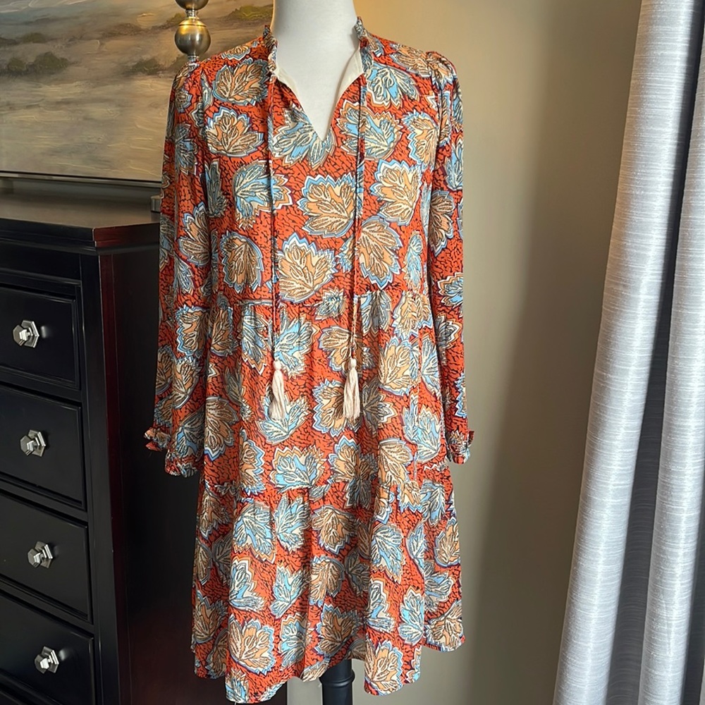 THML Orange Floral Long Sleeve V-Neck Tunic with Blue & Cream Leaves